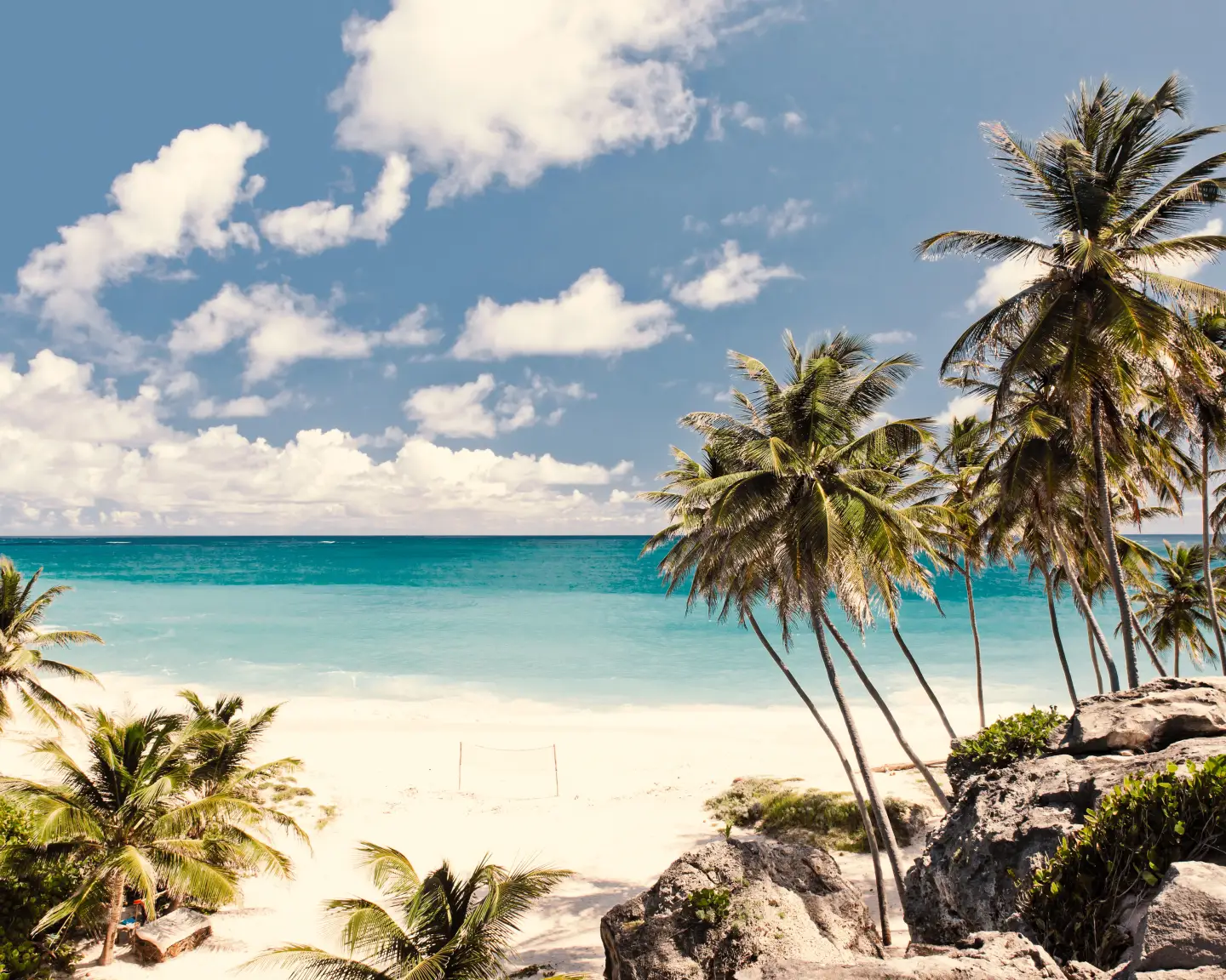 Prachtig landschap bij het Bottom Bay-strand met een volleybalnet, grote palmbomen aan de rechterkant en grote rotsen.