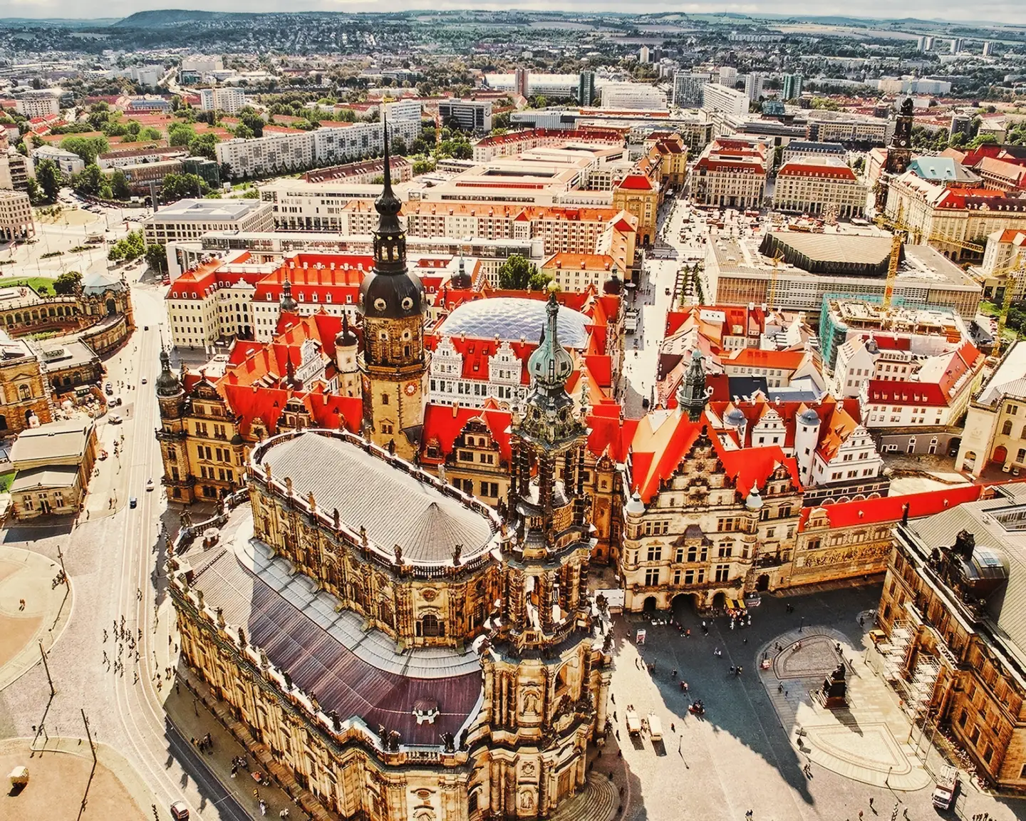 Aerial view of the historic center of Dresden's old town, former residence of the electors and kings of Saxony, Germany.