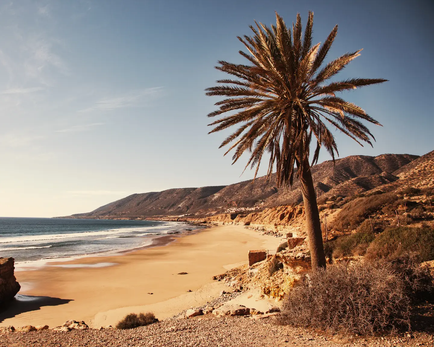 Strandpromenade entlang des Ozeans mit einer Palme in der Nähe von Taghazout nördlich von Agadir.