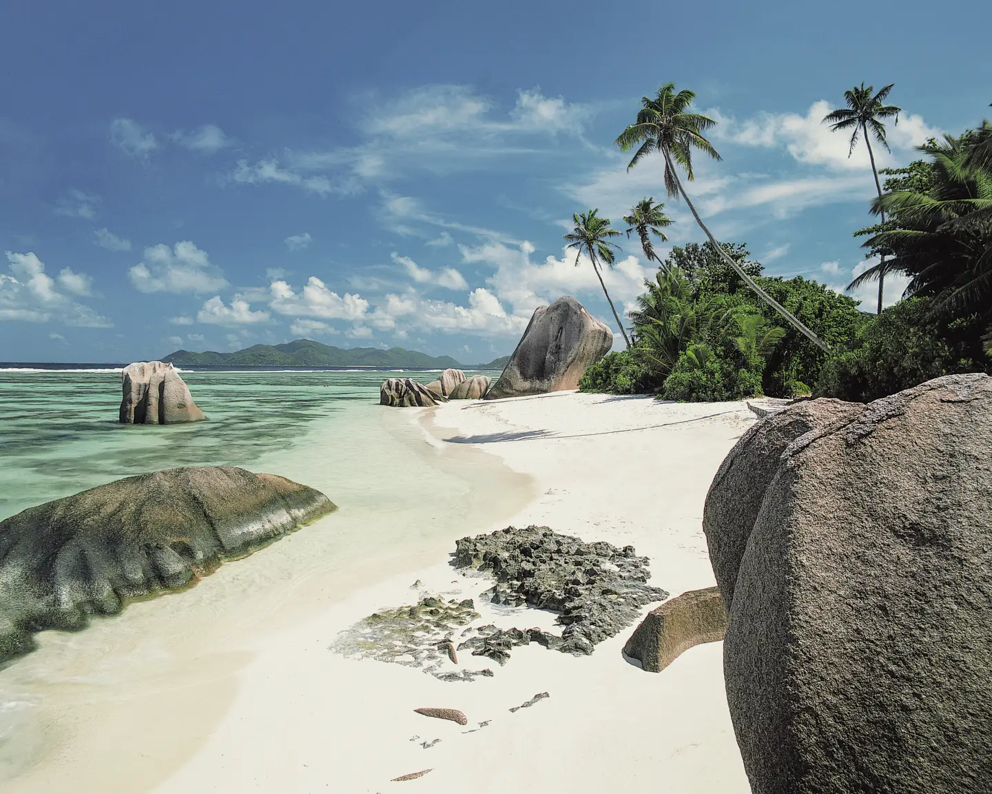 The Anse Source d'Argent beach on La Digue, Seychelles, with white sand, large granite rocks, palm trees and clear, turquoise water under a blue sky.